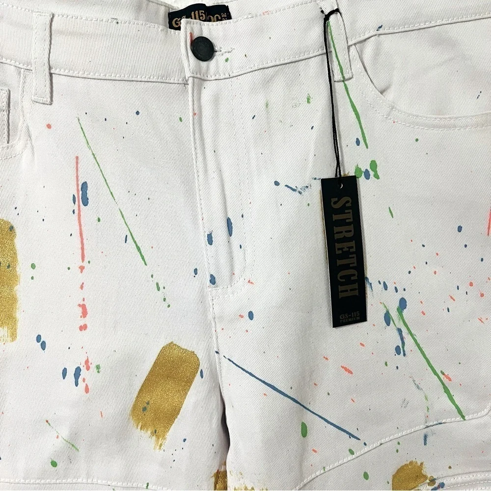 GS115 Mens Paint Splatter White Denim Shorts NWT Size 36 Stretch Streetwear